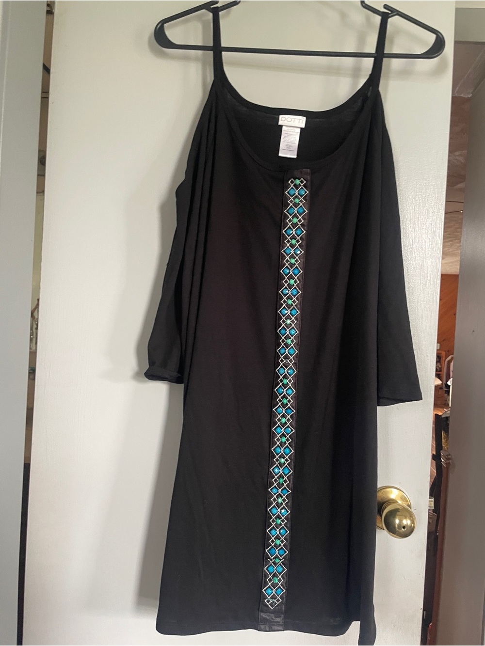 Dotti Black One-Shoulder Dress with Turquoise Beaded Trim size L